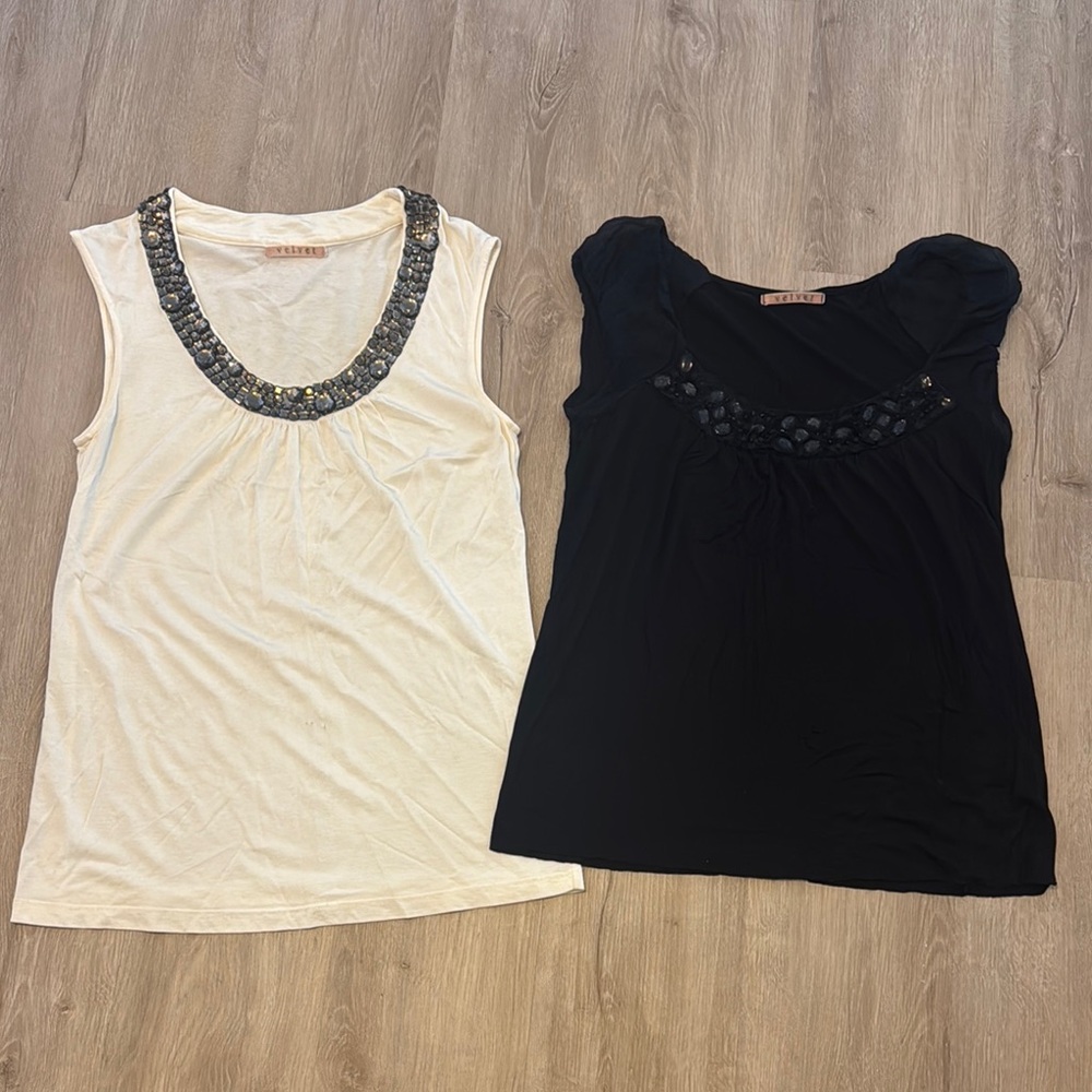 Set of 2 Velvet Embellished Women's Tops - Black and Cream